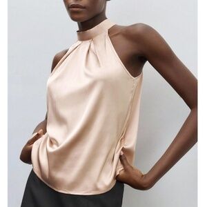 Beige Satin Halter Blouse Top